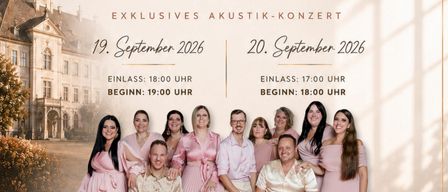 Post Life Unplugged 2026, ein exklusives akustisches Konzert mit einer Gruppe von Menschen in rosa Kleidern und Anzügen, mit zwei Terminen, 19. und 20. September 2026, im Schloss Gleinstätten.