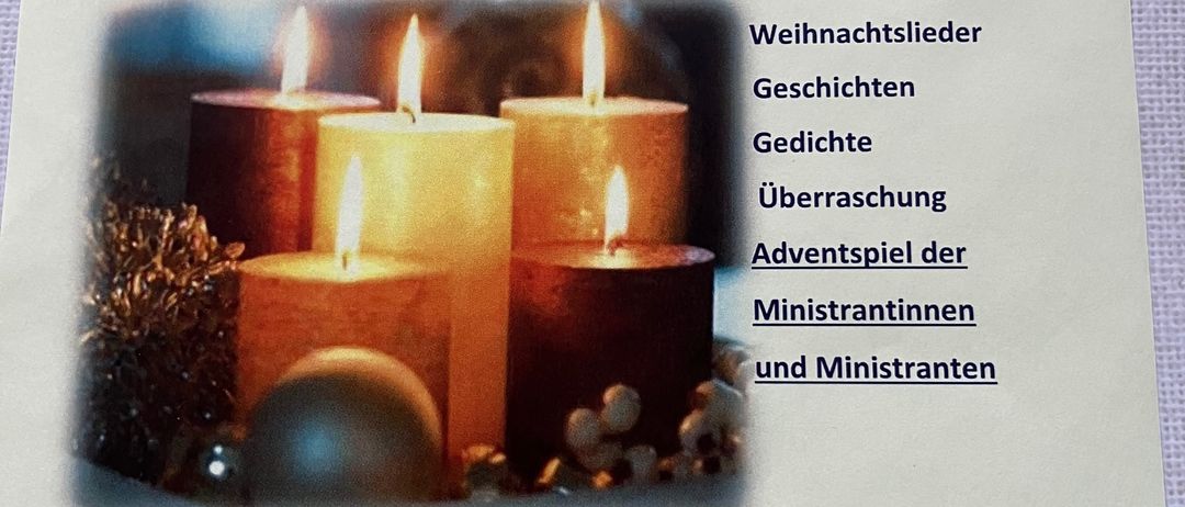 Eine Anzeige für ein Weihnachtsfest am Mittwoch, 3. Dezember 2025, um 15:00 Uhr im Pfarrheim Ober-Grafendorf. Es zeigt sechs brennende Kerzen, Weihnachtslieder, Geschichten, Gedichte, eine Überraschung und Adventsspiele der Ministranten.