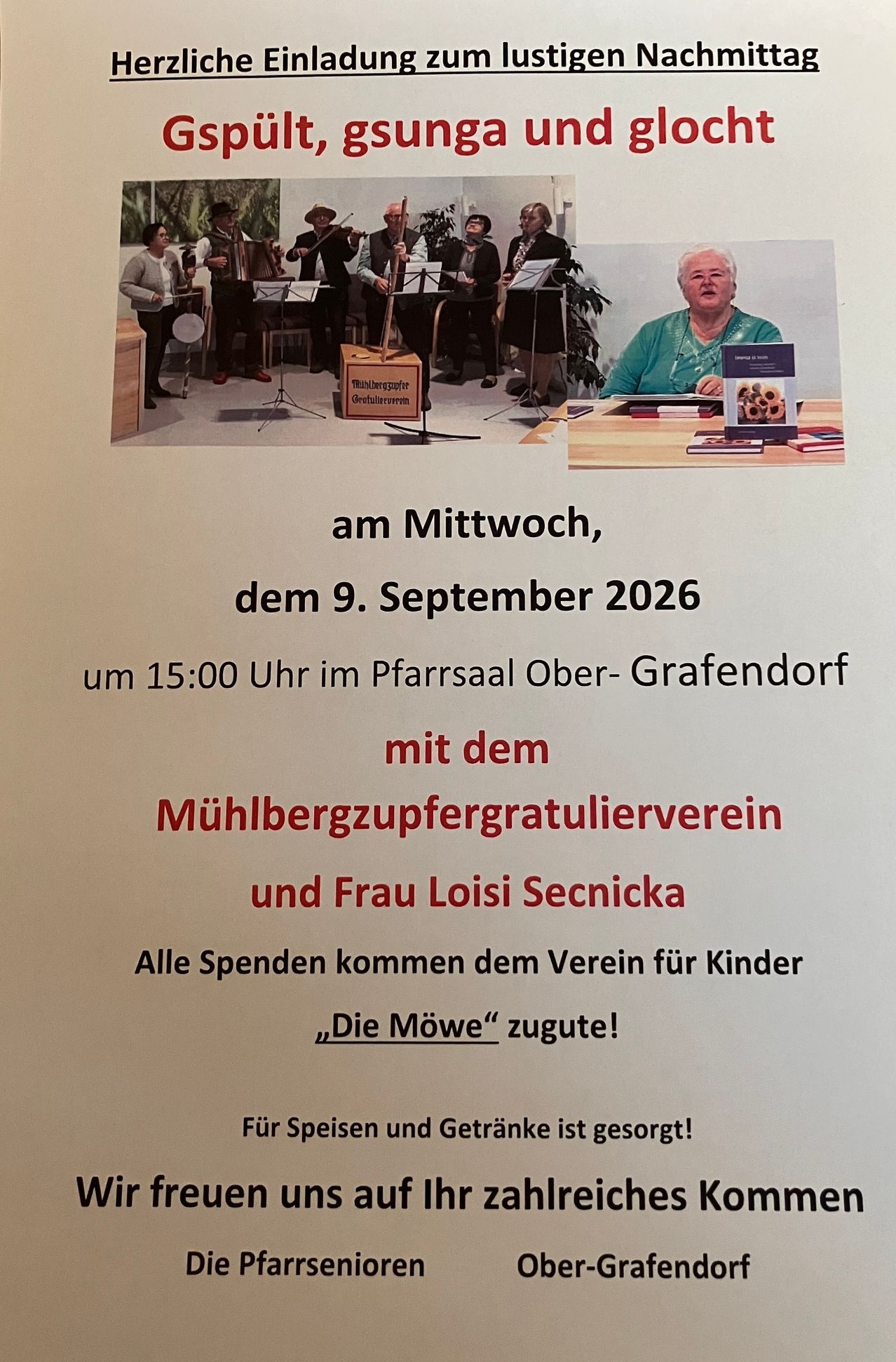 A poster for an event on September 9, 2026, featuring a woman and a group of musicians playing instruments. The event is hosted by the Mühlbergzugfergratulierverein and Frau Loisi Secnicka. The event is scheduled for 3:00 PM at the Pfarrsaal Ober-Grafendorf.