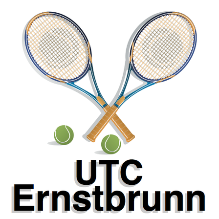 Illustration von zwei sich kreuzenden Tennisschlägern mit zwei Tennisbällen darunter und den Worten 'UTC Ernstbrunn' in fetter Schrift.
