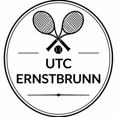 Ein schwarz-weißes Logo mit zwei gekreuzten Tennisschlägern über einem Tennisball, darunter der Text 'UTC Ernstbrunn'.