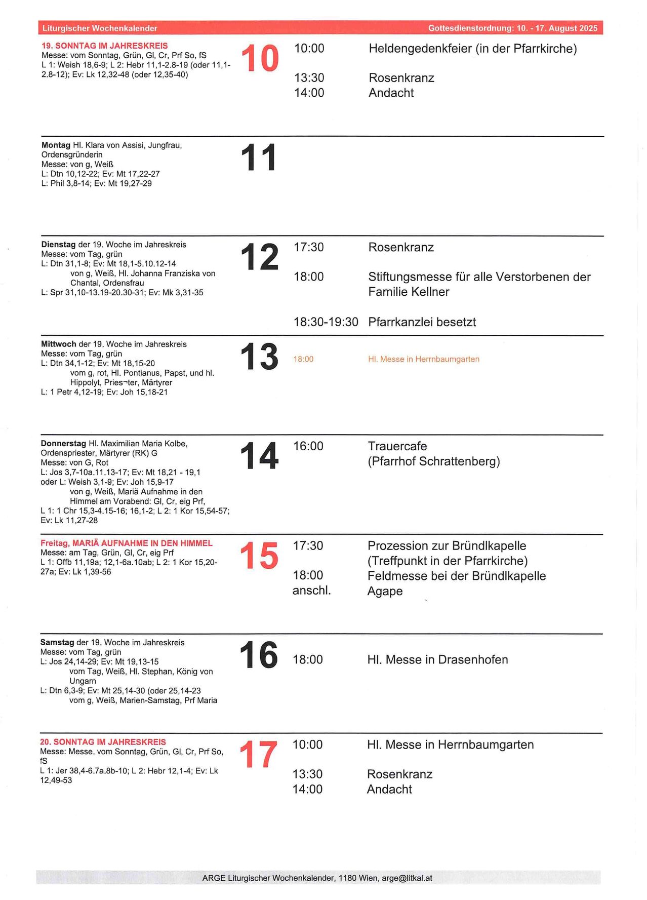 Wöchenlicher Kirchendienstplan. Montag bis Sonntag. Datum, Uhrzeit, Ort und Zelebranten aufgeführt. Beinhaltet Messen, Rosenkranz und andere Gottesdienste.