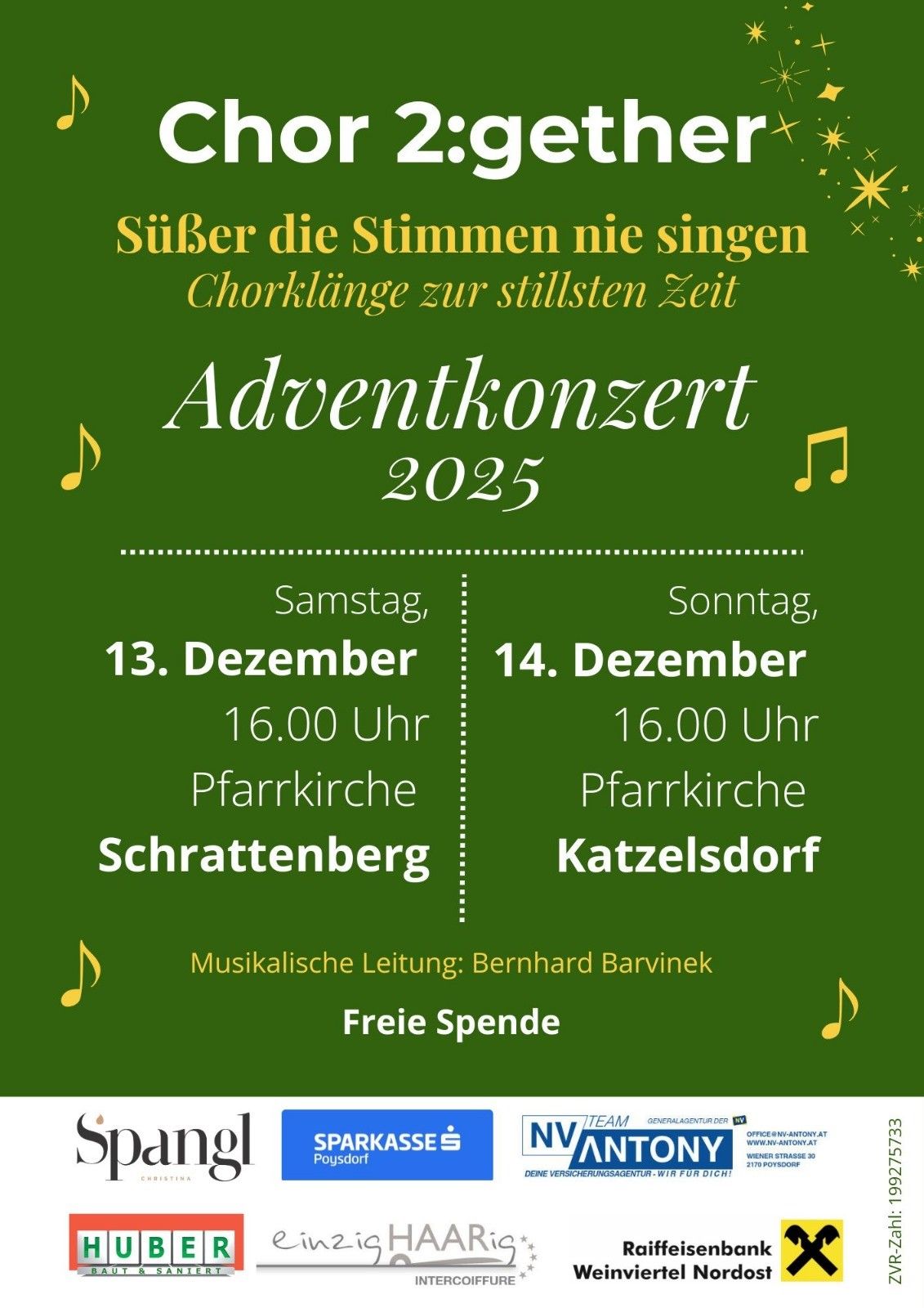 Das Plakat für das Adventkonzert 2025 zeigt einen Zeitplan für zwei Termine: Samstag, 13. Dezember um 16.00 Uhr in Schrattenberg und Sonntag, 14. Dezember um 16.00 Uhr in Katzelsdorf. Die musikalische Leitung hat Bernhard Barvinek, und Spenden sind willkommen.