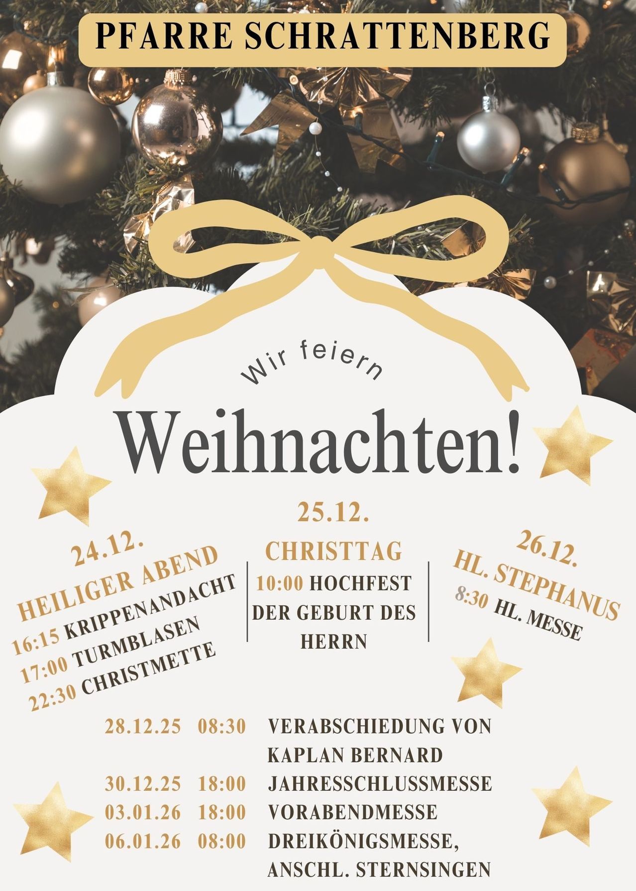 Ein Weihnachtsfeierplan mit Veranstaltungen wie Heiliger Messe, Krippenblasen und Verabschiedung von Kaplan Bernard. Die Termine reichen von 24. bis 26. Dezember.