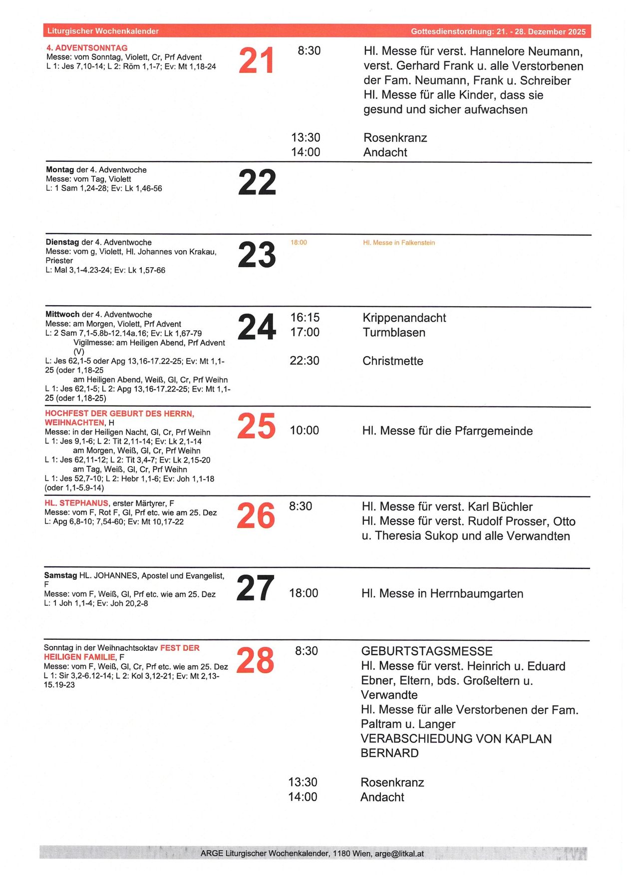 Das Bild zeigt einen wöchentlichen Kirchendienstplan mit Gottesdiensten, die von Montag bis Sonntag aufgeführt sind. Jeder Tag beinhaltet die Gottesdienstzeit, Schriftlesungen und besondere Messen. Zum Beispiel gibt es am Montag einen Gottesdienst um 14:00 mit Lesungen aus dem Buch Jesaja.