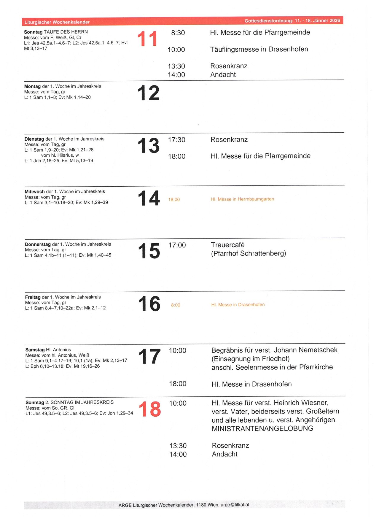 Ein Zeitplan für Gottesdienste in der ersten Woche des Kirchenjahres, einschließlich der Details der Messen, ihrer Zeiten und Orte. Der Zeitplan enthält auch einen Trauergottesdienst für Johann Nemetschek.