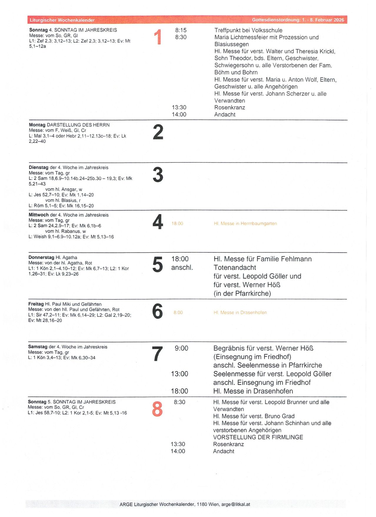 Ein Zeitplan für Messen und Veranstaltungen für eine Woche in Deutsch. Es enthält Details wie Datum, Uhrzeit und Ort der Messen. Der Zeitplan ist nach Wochentagen organisiert.