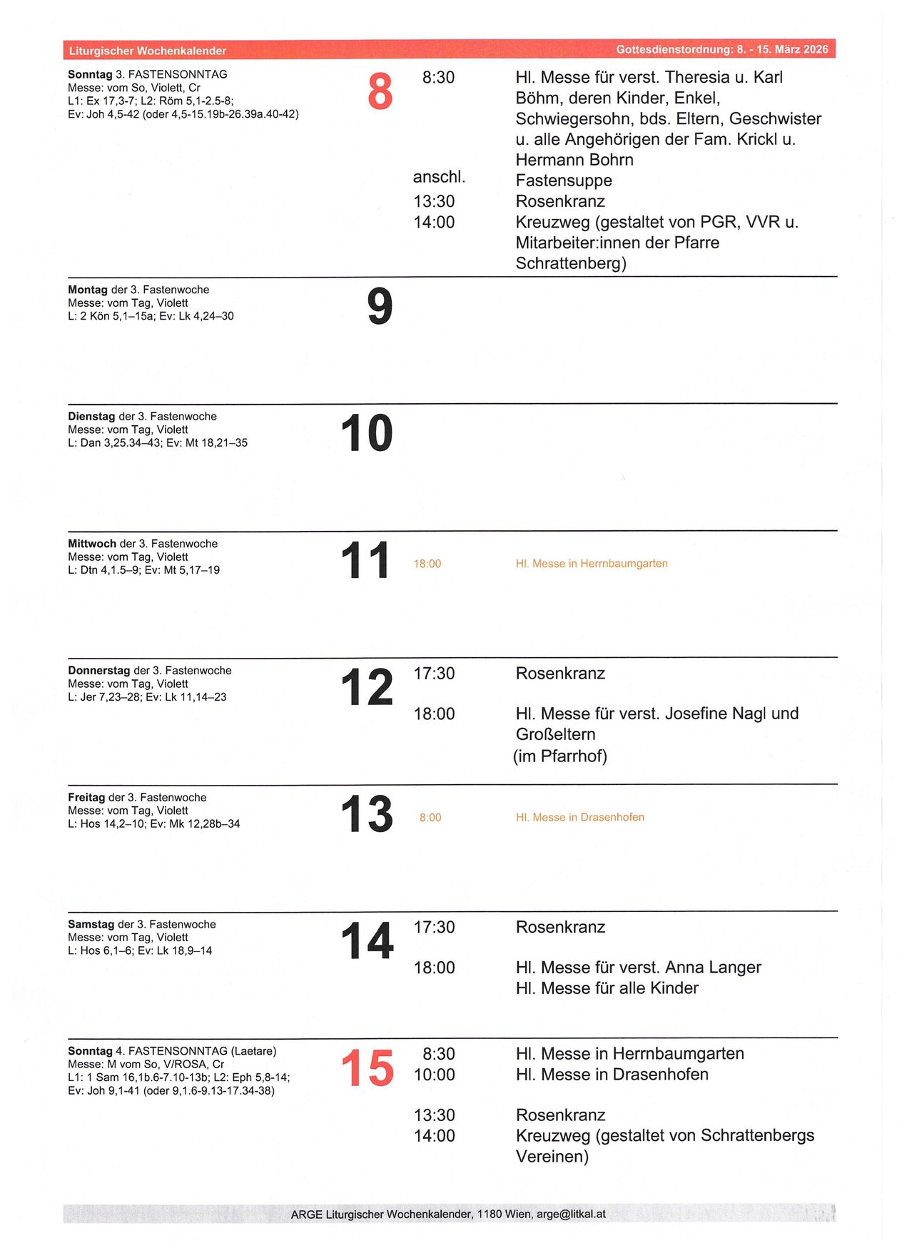 Das Bild zeigt einen Zeitplan für Messen. Es enthält Daten, Uhrzeiten, Orte und Details für jede Messe, wie die Zelebranten und besondere Dienste. Es erstreckt sich von Montag bis Sonntag.
