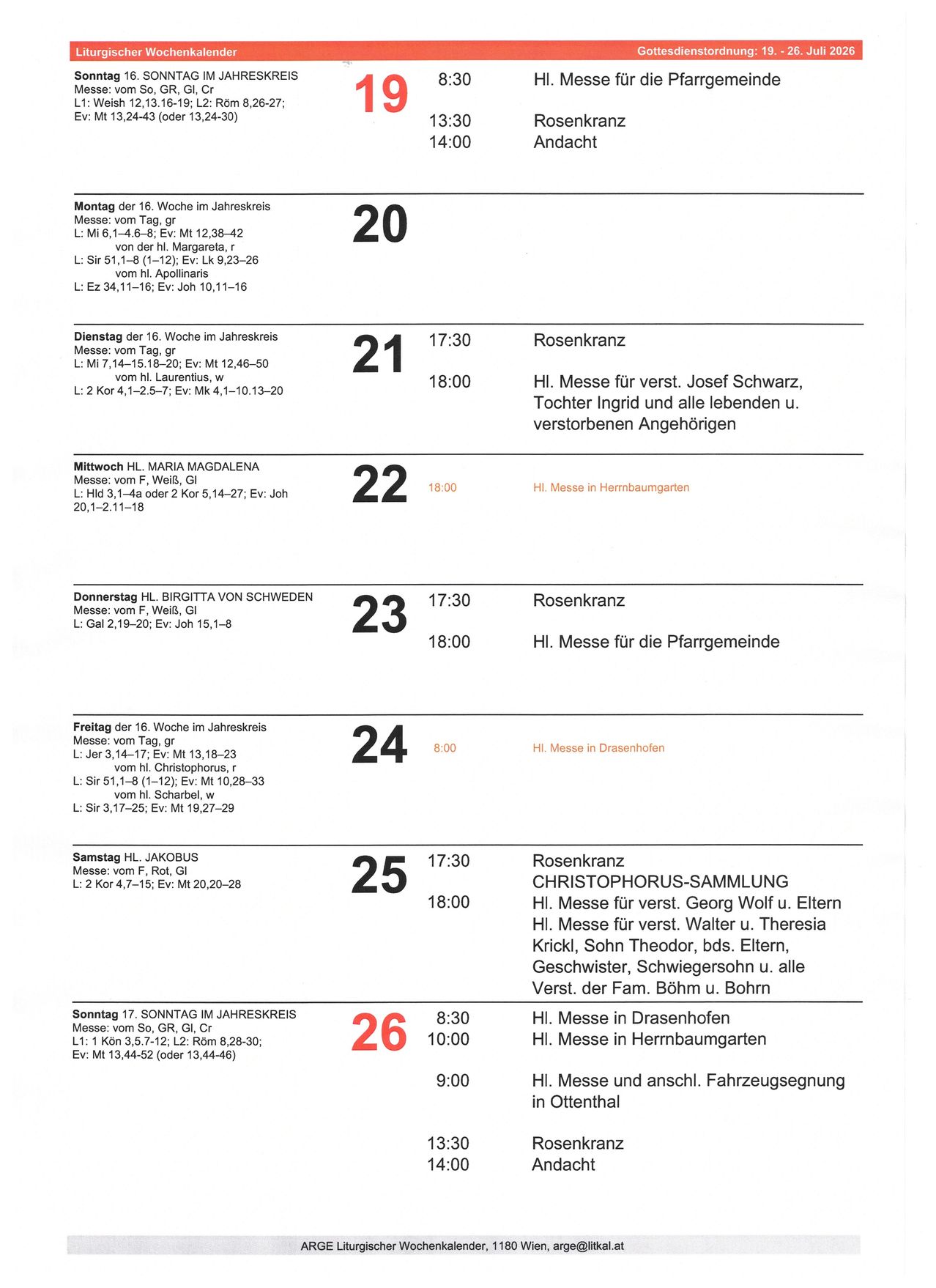 A document with a schedule of masses and their times, along with the celebrants and locations. The schedule includes details such as the date, time, celebrant, and location of each mass.