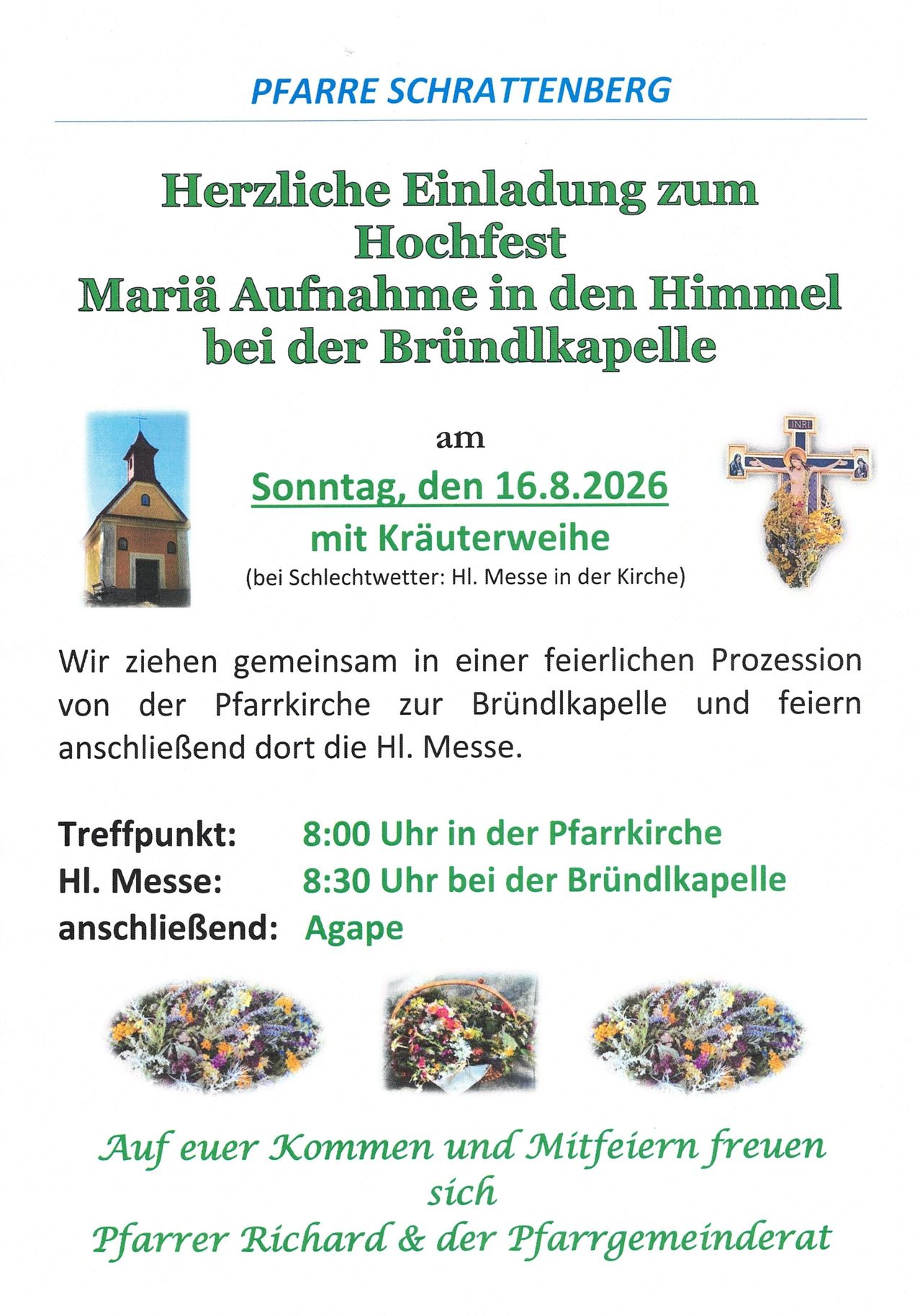 Plakat für ein religiöses Ereignis, das Hochfest Mariä Aufnahme in den Himmel bei der Brundlkapel, mit einer Kirche, einem Kreuz und Blumenarrangements. Das Ereignis ist für den 16. August 2026 geplant, mit einer Prozession und einer Heiligen Messe.
