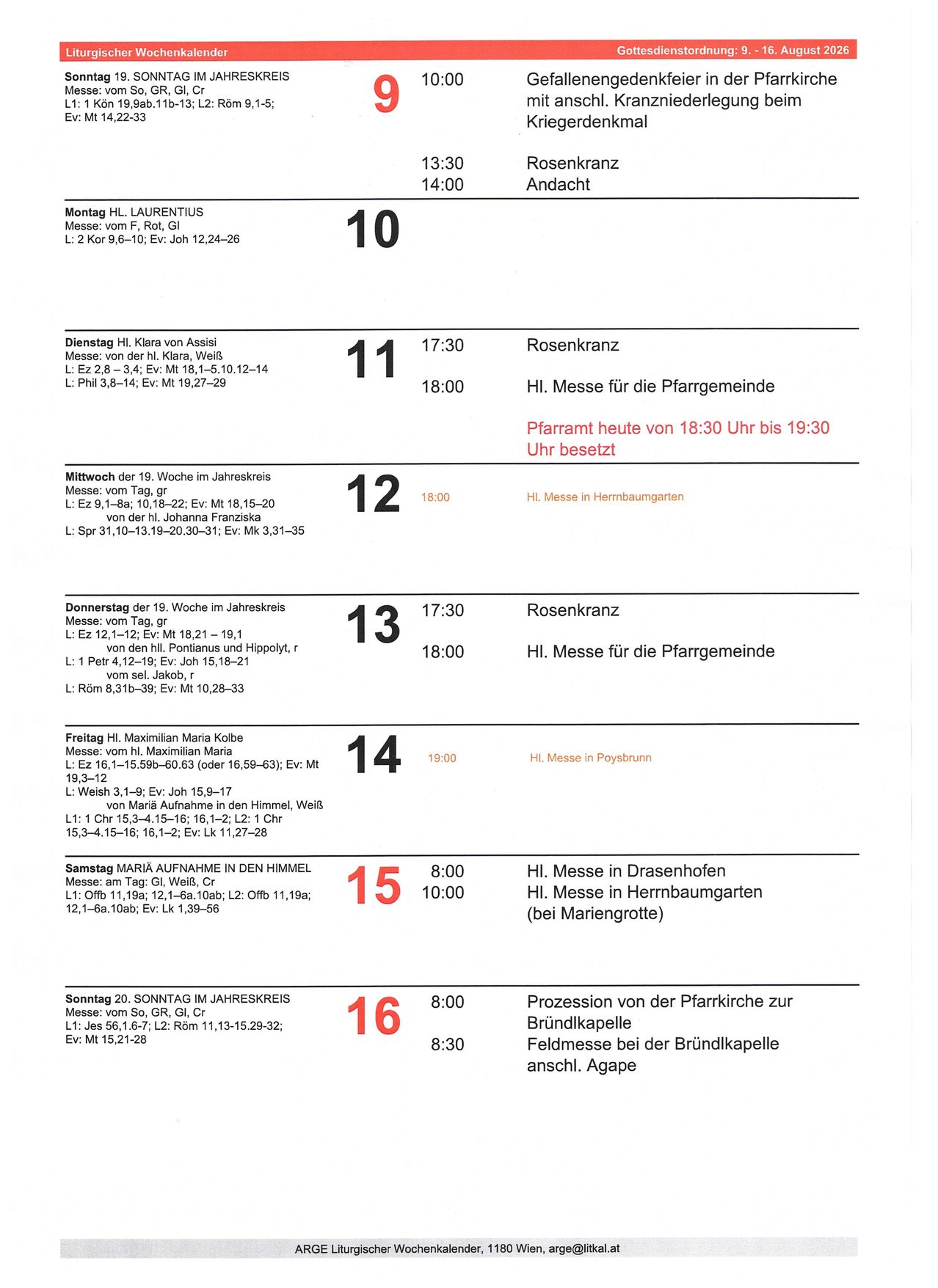 Ein Dokument, das einen wöchentlichen Zeitplan für Gottesdienste zeigt, einschließlich Daten, Zeiten und Orten. Der Zeitplan enthält Details wie den Namen des Zelebranten, die Lesungen und die Hymnen. Das Dokument trägt den Titel 'Andacht' und ist für den 10. bis 16. eines Monats datiert.