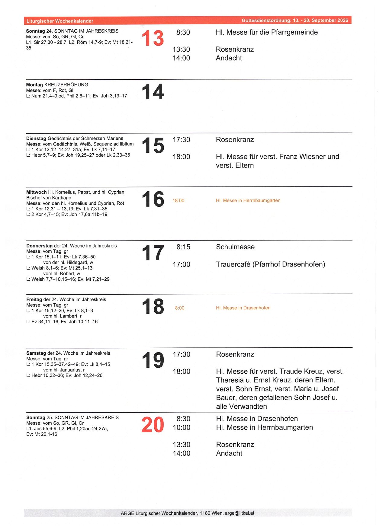 A document with a list of church services, including dates, times, and locations. The services are for various saints and events, such as the 24th week of the year. The document is organized in a table format.