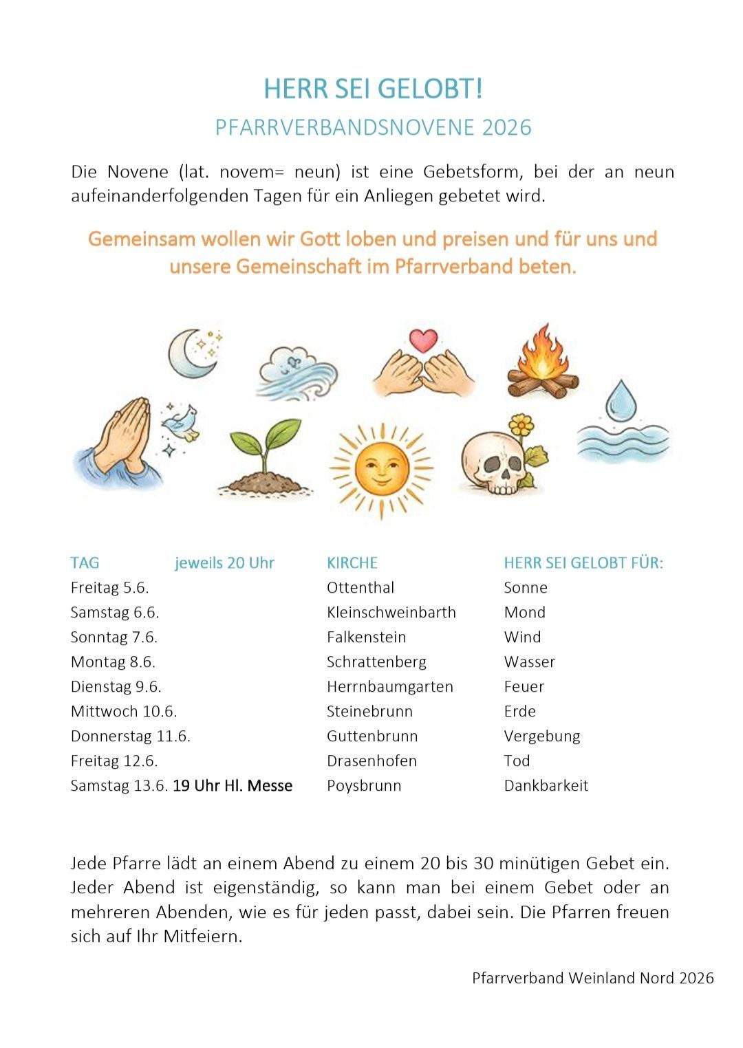 The image shows a prayer schedule for nine consecutive days, each with a specific focus and time. It includes icons and translations for each day's focus.