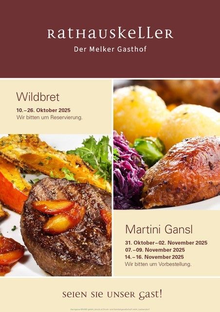 Menü für das RathauskeLLer Restaurant. Es bietet zwei Gerichte: Wildbret und Martini Gans. Wildbret ist vom 10. bis 26. Oktober 2025 erhältlich, während Martini Gans in drei Zeiträumen verfügbar ist. Reservierungen werden empfohlen.