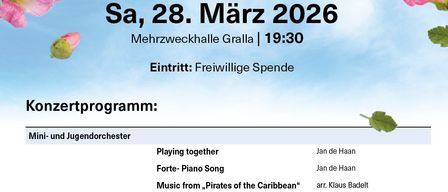 Plakat für das Frühlingskonzert der Musikkapelle der Pfarre St. Georgen an der Steifing, geplant für Samstag, 28. März 2026, um 19:30 in der Mehrzweckhalle Gralla. Der Eintritt ist frei. Das Konzert beinhaltet Stücke von Jan de Haan und Musik aus 'Pirates of the Caribbean'.