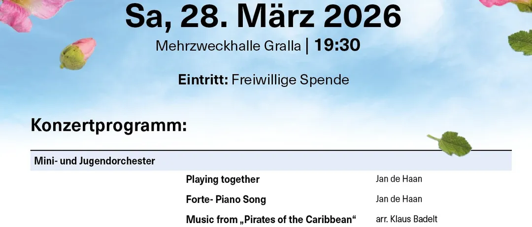 Plakat für das Frühlingskonzert der Musikkapelle der Pfarre St. Georgen an der Steifing, geplant für Samstag, 28. März 2026, um 19:30 in der Mehrzweckhalle Gralla. Der Eintritt ist frei. Das Konzert beinhaltet Stücke von Jan de Haan und Musik aus 'Pirates of the Caribbean'.