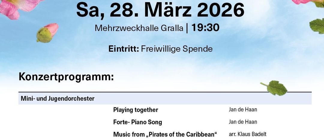 Plakat für das Frühlingskonzert der Musikkapelle der Pfarre St. Georgen an der Steifing, geplant für Samstag, 28. März 2026, um 19:30 in der Mehrzweckhalle Gralla. Der Eintritt ist frei. Das Konzert beinhaltet Stücke von Jan de Haan und Musik aus 'Pirates of the Caribbean'.