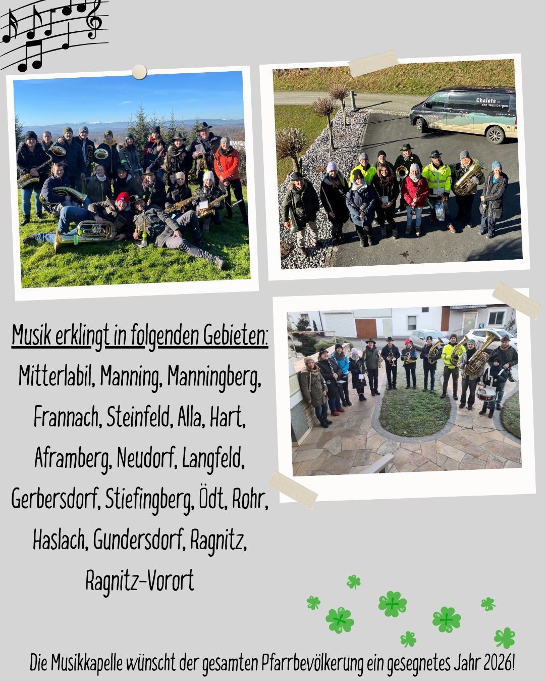 Drei Collagen von Menschen in musikalischer Kleidung und mit Instrumenten. Eine Liste von Orten befindet sich unter den Collagen.