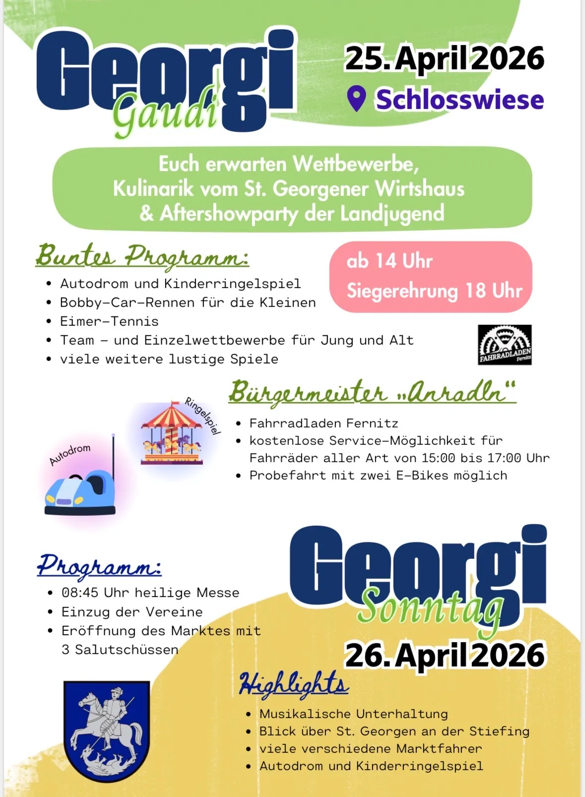 Plakat für die Georgi-Sonntag-Veranstaltung am 26. April 2026. Beinhaltet Rennveranstaltungen, Karussellspiele und einen Markt. Die Veranstaltung beginnt mit einer Messe um 8:45 Uhr und bietet mehrere Aktivitäten für alle Altersgruppen.