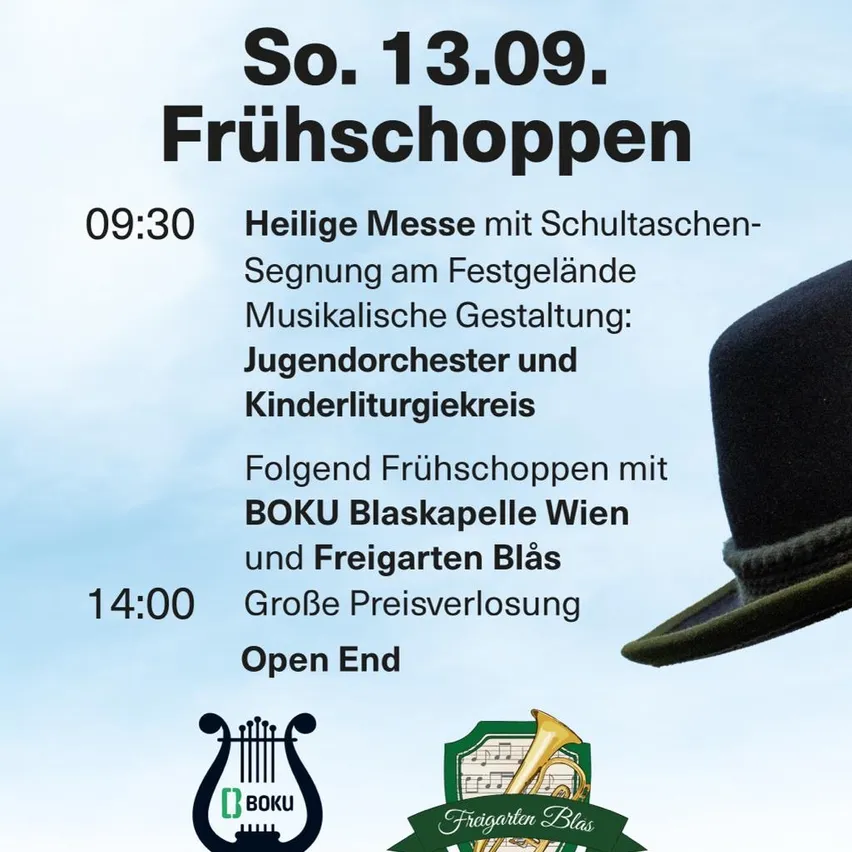 Plakat für eine musikalische Veranstaltung mit einem Jugendorchester und Kinderchor, mit einem Hut und Musikinstrumenten im Bild. Die Veranstaltung ist für den 13. September angesetzt, Beginn um 9:30 Uhr.