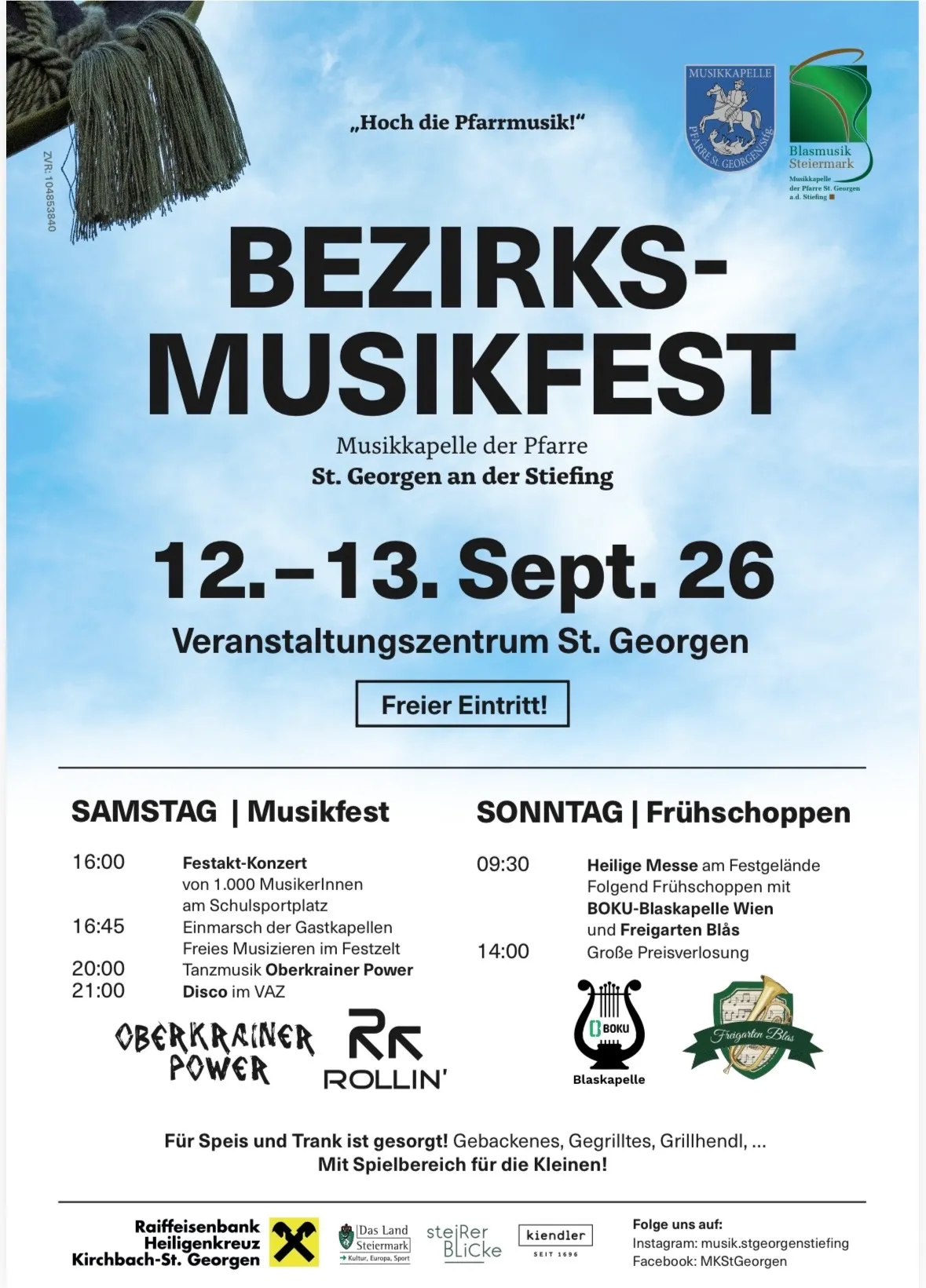 Plakat für das Bezirks Musikfest in St. Georgen an der Stiefing mit einem Zeitplan für Samstag und Sonntag mit Musikveranstaltungen, einschließlich eines Festkonzerts, freier Musiksessions und Tanzmusik, sowie einer heiligen Messe und Preisverlosung am Sonntag.