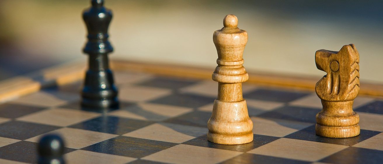 Eine Nahaufnahme eines Schachbretts mit einem hellen König in der Mitte und einem dunklen König auf der linken Seite.