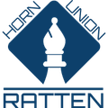 Das Horn Union Ratten Logo zeigt eine blaue Raute mit einem Schachstück in der Mitte, vor schwarzem Hintergrund. Links steht 'HORN', rechts 'UNION', darunter 'RATTEN'.