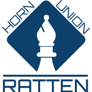 Das Horn Union Ratten Logo zeigt eine blaue Raute mit einem Schachstück in der Mitte, vor schwarzem Hintergrund. Links steht 'HORN', rechts 'UNION', darunter 'RATTEN'.