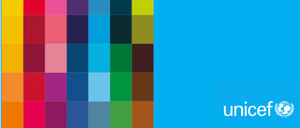 Das UNICEF-Logo mit blauem Hintergrund und einer Farbpalette mit verschiedenen Farbtönen prominent dargestellt.