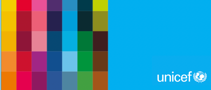 Das UNICEF-Logo mit blauem Hintergrund und einer Farbpalette mit verschiedenen Farbtönen prominent dargestellt.