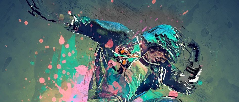 Ein digitales Kunstwerk eines Mannes, der in der Luft tanzt, mit leuchtenden Farbspritzern hinter ihm.