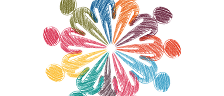 Eine kreisförmige Anordnung von verschiedenen menschlichen Figuren in leuchtenden Farben, die Einheit und Vielfalt symbolisiert.