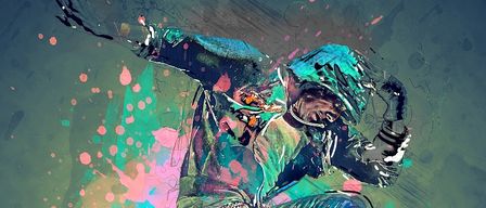 A dynamic illustration of a man in mid-air, jumping, with a vibrant splash of colors in the background, wearing a blue hoodie, jeans, and sneakers.