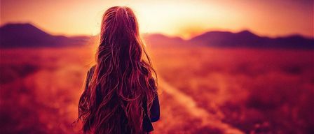 Eine Frau mit langen Haaren steht in einem Feld bei Sonnenuntergang, mit Bergen in der Ferne.