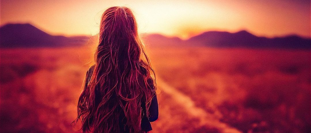 Eine Frau mit langen Haaren steht in einem Feld bei Sonnenuntergang, mit Bergen in der Ferne.