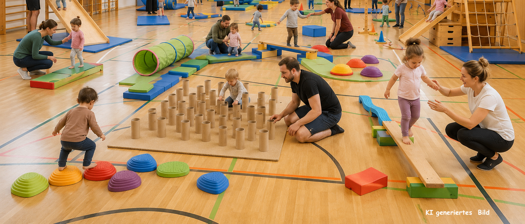 Eine Gruppe von Kindern und Erwachsenen spielt in einer Turnhalle mit verschiedenen Spielgeräten, darunter ein Basketballfeld und eine Rutsche. Einige Kinder spielen mit Bechern und einer Matte.