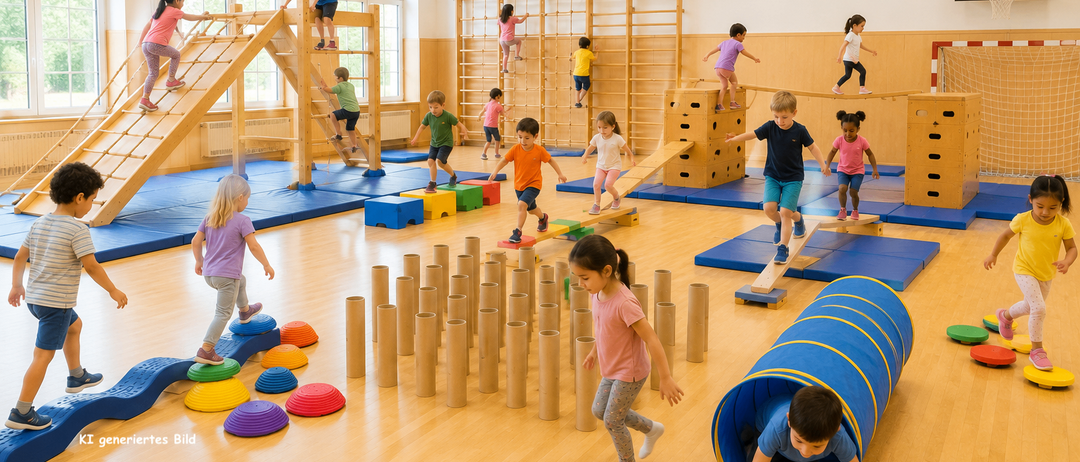Eine Gruppe von Kindern spielt in einer Turnhalle mit verschiedenen Holz- und Schaumstoffgeräten. Einige klettern auf Leitern, andere gehen auf Balancierbalken. Die Turnhalle ist gut beleuchtet mit großen Fenstern.