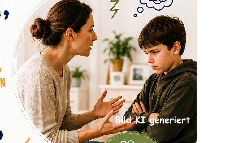 Eine Illustration einer Frau und eines Jungen, die in ein Gespräch vertieft sind. Die Frau gestikuliert mit ihren Händen, während der Junge ernst dreinblickt. Der Hintergrund ist verschwommen mit einem Workshop-Banner.