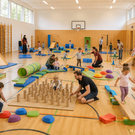 Eine Gruppe von Kindern und Erwachsenen spielt in einer Turnhalle mit verschiedenen Spielzeugen und Hindernissen. Einige krabbeln durch Tunnel, andere spielen mit Bauklötzen.