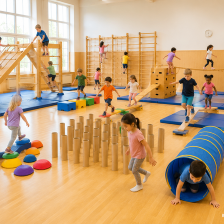 Eine Gruppe von Kindern spielt in einem Fitnessstudio mit verschiedenen Holz- und bunten Spielgeräten. Einige klettern auf Leitern, während andere auf Balancebalken gehen. Der Raum ist gut beleuchtet mit großen Fenstern.
