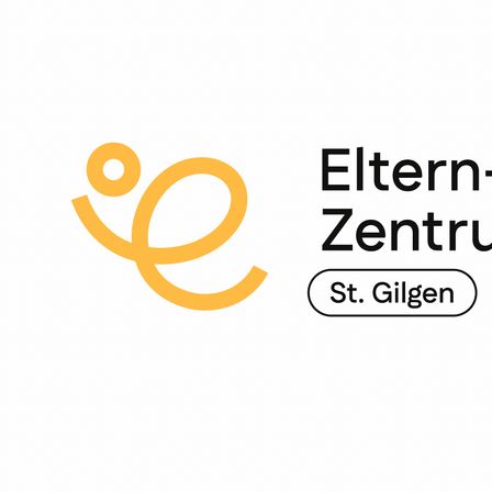 Das Logo für Eltern-Kind Zentrum St. Gilgen zeigt einen stilisierten gelben Buchstaben E und den Text Eltern-Kind Zentrum in Schwarz, mit St. Gilgen in kleinerem Text darunter.