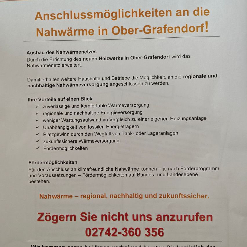 A flyer about the expansion of the district heating network in Ober-Grafendorf, highlighting its benefits and potential for further households and businesses to connect.