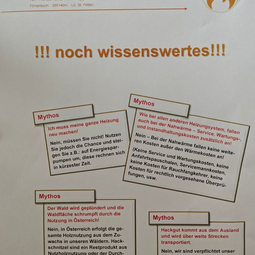 A document with red text titled 'Mythos' and various statements about heating systems, energy savings, and myths. It includes sections like 'I must make my entire heating' and 'No, you don't have to!'. It also mentions that the forest is being plundered and the use of wood in Austria.
