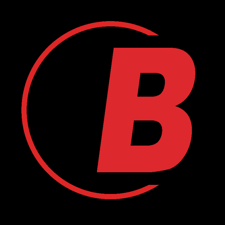 Der rote Buchstabe B auf schwarzem Hintergrund. Er ist fett und in einem kreisförmigen Rahmen positioniert.