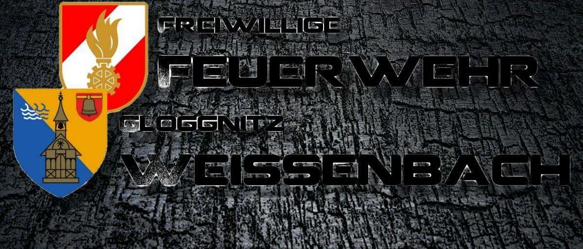 Ein Logo für Freiwillige Feuerwehr Gloggnitz Weissenbach, mit einer Flamme und einem Schild mit einer Flamme darauf. Der Text ist fett und der Hintergrund ist dunkel.