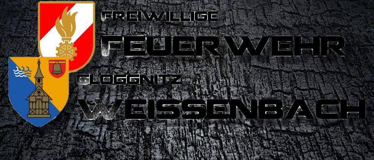 Ein Logo für Freiwillige Feuerwehr Gloggnitz Weissenbach, mit einer Flamme und einem Schild mit einer Flamme darauf. Der Text ist fett und der Hintergrund ist dunkel.