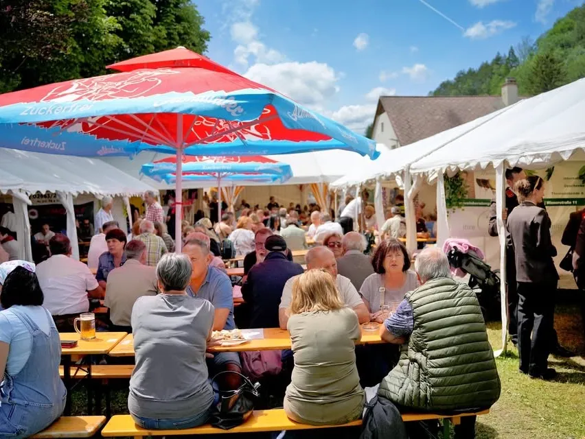 Eine Gruppe von Menschen sitzt unter Regenschirmen auf Bänken bei einem Essensfestival, einige trinken Bier. Ein Haus mit Schornstein ist im Hintergrund.