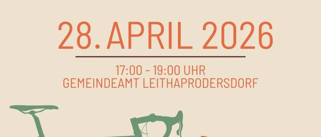 Leithaprodesdorf-Gemeinschaftsveranstaltung am 28. April 2026 von 17:00 bis 19:00, Analyse aktueller Mobilitätsgewohnheiten, Sichtbarmachung von Anforderungen und Entwicklung von Ideen für besseren Radverkehr. Kostenloser Rad-Check ab 16:00 Uhr.