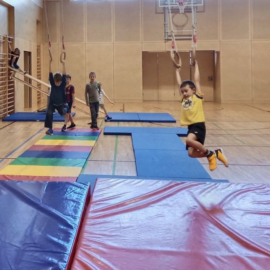 In einer Turnhalle sind mehrere Kinder mit verschiedenen Aktivitäten beschäftigt. Ein Kind schwingt an Ringen, während ein anderes von einer bunten Matte springt. Es gibt andere Kinder, die auf blauen Matten stehen.