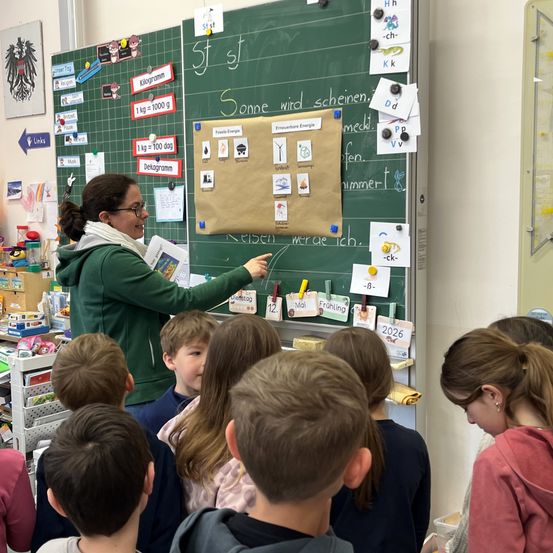 Eine Frau unterrichtet eine Klasse von Kindern vor einer Pinnwand mit Lehrmaterialien.